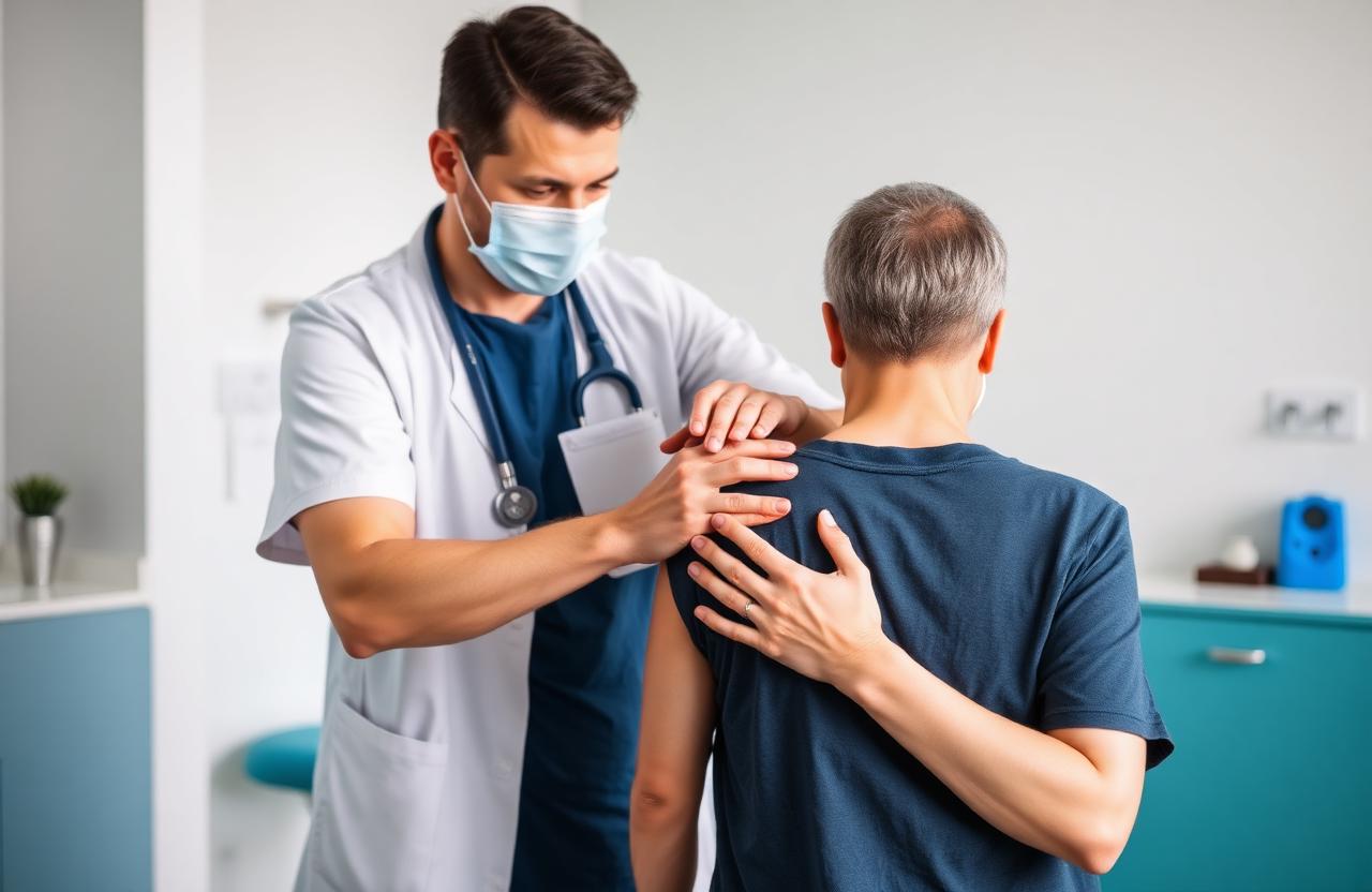 Fisioterapista esegue valutazione della spalla e trattamento della cuffia dei rotatori