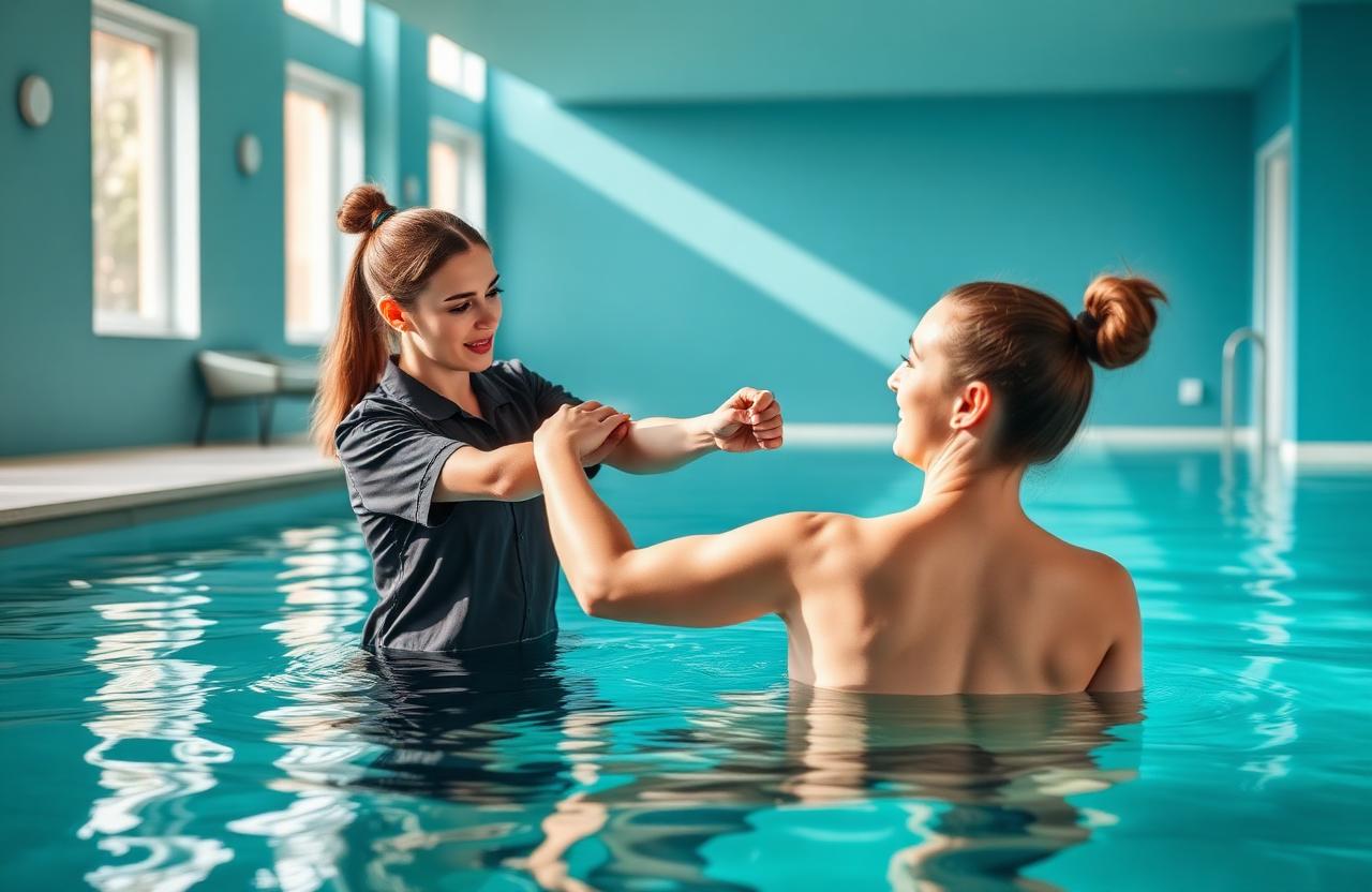 Fisioterapista guida un paziente nella riabilitazione della spalla in piscina riabilitativa